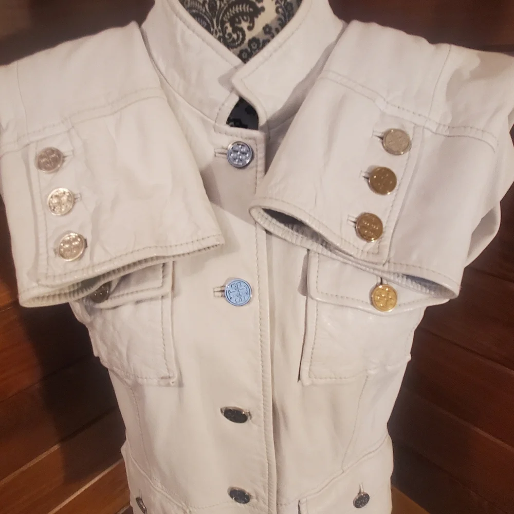 Tory Burch Leather Women's White Military Style Jacket Coat 14 Fits 10 12 - Picture 4 of 14